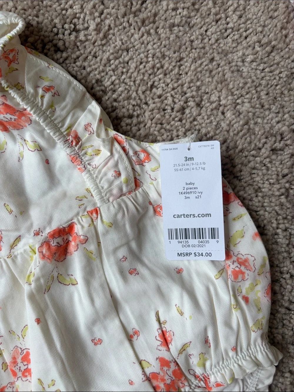 Carter's Cream Baby Girl Floral Romper with Coral Accents